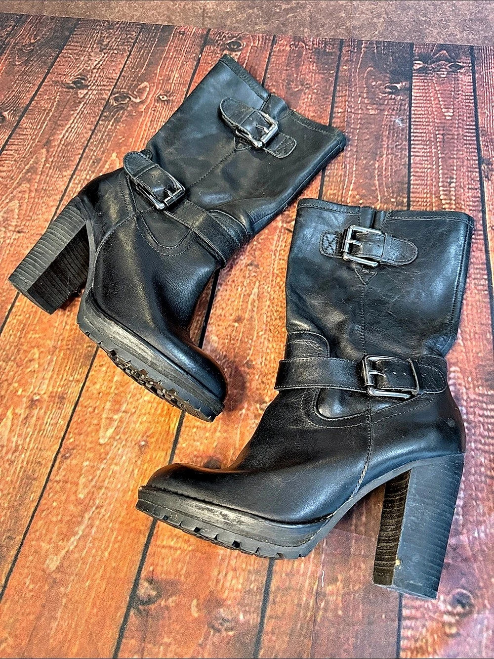 Donald J Pliner Black Buckle Platform Heeled Boots - Picture 2 of 9